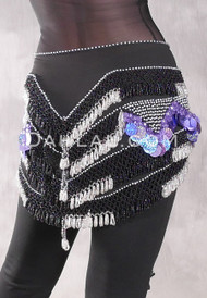 Egyptian Deep V Beaded Hip Wrap and Teardrop Beads - Black with Silver, Black and Lavender