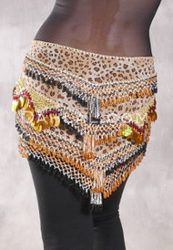 Egyptian Deep V Beaded Hip Wrap and Teardrop Beads - Animal Print with Gold, Black and Red