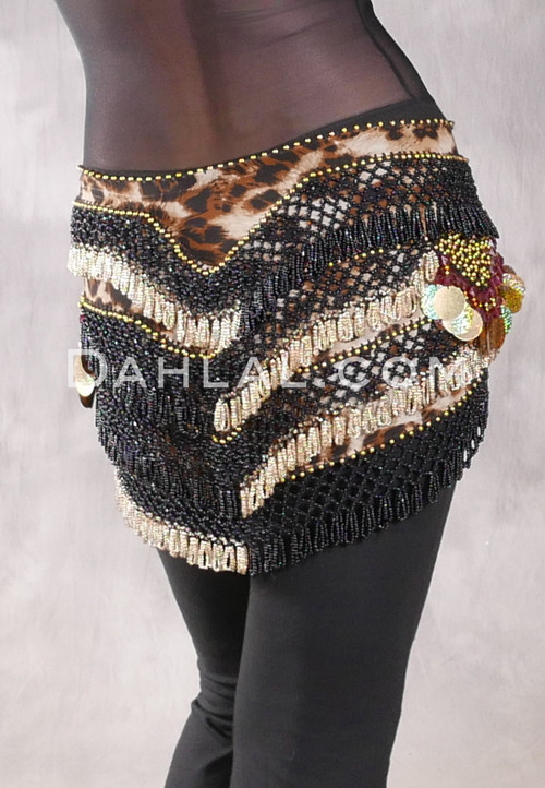Egyptian Deep V Beaded Hip Wrap and Teardrop Beads - Animal Print with Black, Gold and Wine