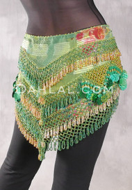Egyptian Deep V Beaded Hip Wrap and Teardrop Beads - Floral with Green, Gold and Silver