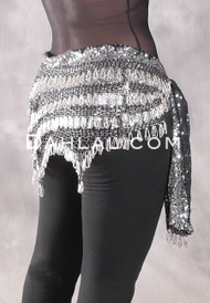 Deep "V" Beaded Loop Sequin Egyptian Hip Scarf - Silver and Black