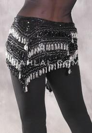 Deep "V" Beaded Loop Sequin Egyptian Hip Scarf - Black with Black and Silver