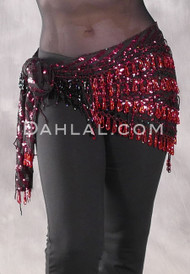 Deep "V" Beaded Loop Sequin Egyptian Hip Scarf - Black and Red