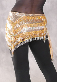 Deep "V" Beaded Loop Sequin Egyptian Hip Scarf - Gold and Silver