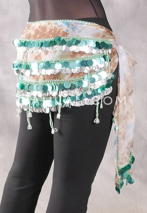 Five Row Egyptian Bead, Coin And Pailette Hip Scarf - Graphic Print with Silver and Aqua