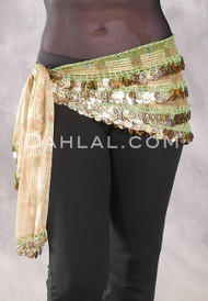 Five Row Egyptian Coin Hip Scarf - Green and Gold Graphic Print with Gold