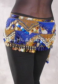 Egyptian Pyramid Hip Scarf with Beads and Pailettes - Floral Print with Royal Blue and Gold