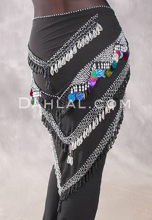 Egyptian Multi-Row Beaded Hip Shawl - Black with Silver and Multi-color