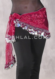 Egyptian Sheer Hip Scarf With Coins And Paillettes - Floral in Wine, Red and Silver