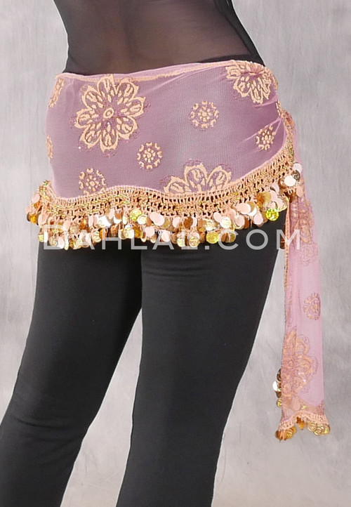 Egyptian Sheer Hip Scarf With Coins And Paillettes - Apricot With Gold