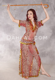 DESERT DARLING Egyptian Saidi Dress - Leopard Print in Black, Lipstick, Coral and Tan with Gold