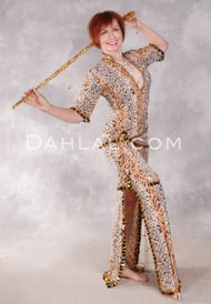 DESERT DARLING Egyptian Saidi Dress - Taupe, Ivory and Black Leopard Print with Gold and Black