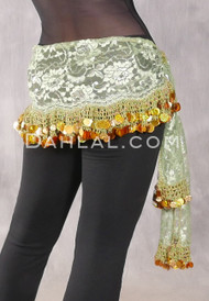 Egyptian Sheer Hip Scarf With Coins And Paillettes - Lime Floral With Gold