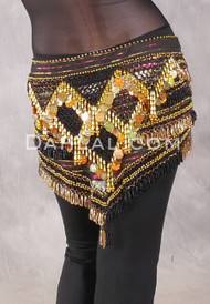 GRAND PYRAMID Egyptian Bead and Coin Hip Scarf - Metallic Stripe with Gold and Black
