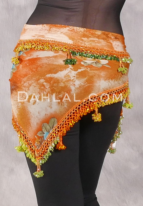 DYNASTY Wide Row Beaded Hip Scarf - Orange Floral with Orange, Gold and Lime Iris