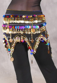 Egyptian Wave Teardrop Hip Scarf with Coins and Paillettes - Black, Gold and Multi-color