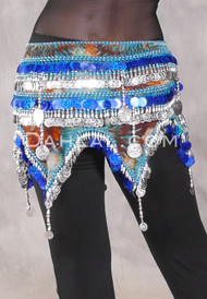 Egyptian Wave Teardrop Hip Scarf with Coins and Paillettes - Graphic Print with Silver and Royal Blue