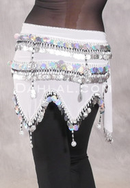 Egyptian Wave Teardrop Hip Scarf with Coins and Paillettes - White, Silver and Black