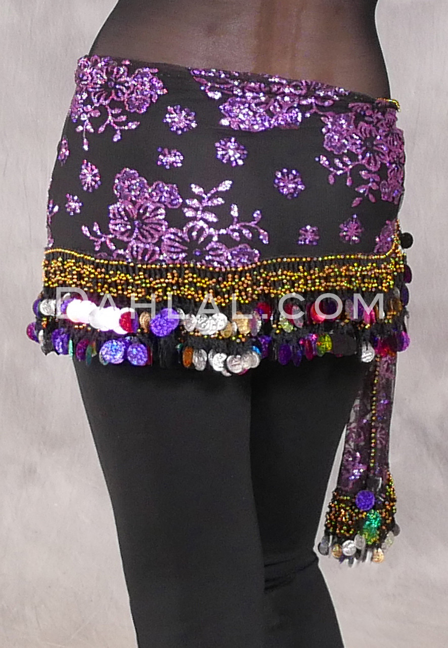 Egyptian TRIANGLE HIP SCARF with Paillettes and Coins - Black and  Multi-color