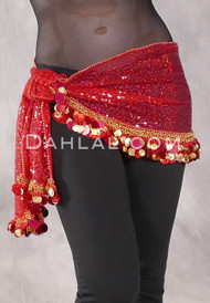 Egyptian Sheer Hip Scarf With Coins And Paillettes - Red with Red & Gold