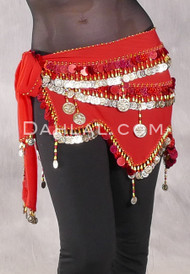Egyptian Wave Teardrop Hip Scarf with Coins and Paillettes - Red and Gold
