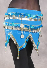 Egyptian Wave Teardrop Hip Scarf with Coins and Paillettes - Turquoise and Gold