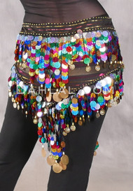 Egyptian Triangle Hip Scarf with Paillettes and Coins - Metallic Stripe
