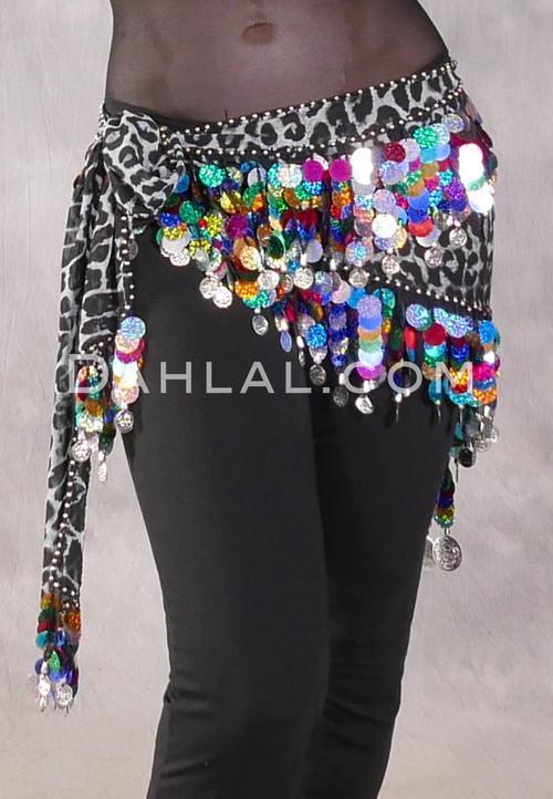 Egyptian Triangle Hip Scarf with Paillettes and Coins - Leopard Print