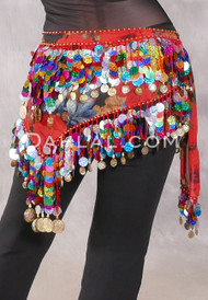 Egyptian Triangle Hip Scarf with Paillettes and Coins - Floral Print