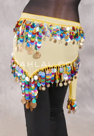 Egyptian Triangle Hip Scarf with Paillettes and Coins - Yellow