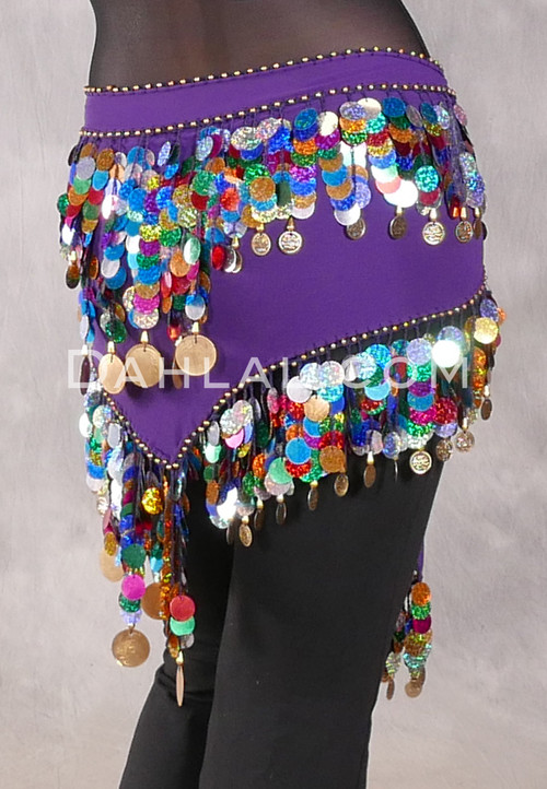 Egyptian Triangle Hip Scarf with Paillettes and Coins - Purple