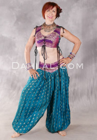 LUNA JADE Draped Silk Brocade Harem Pant - Teal, Antique Silver and Magenta
