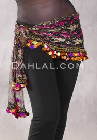 Egyptian Sheer Hip Scarf With Coins And Paillettes - Black, Gold and Fuchsia Lace