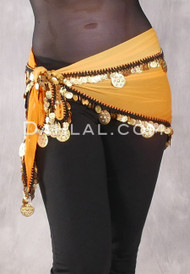 Single Row Egyptian Coin Hip Scarf with Multi-size Coins - Orange with Gold