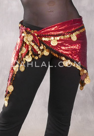 Single Row Egyptian Coin Hip Scarf with Multi-size Coins - Metallic Red with Gold