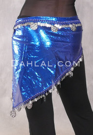 Single Row Egyptian Coin Hip Scarf with Multi-size Coins - Metallic Royal Blue with Silver 