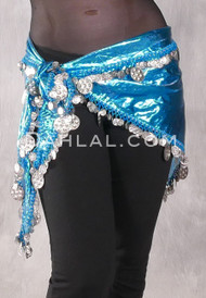 Single Row Egyptian Coin Hip Scarf with Multi-size Coins - Metallic Turquoise with Silver