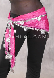 Single Row Egyptian Coin Hip Scarf with Multi-size Coins - Pink Floral with Silver