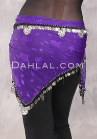 Single Row Egyptian Coin Hip Scarf with Multi-size Coins - Purple Floral with Silver