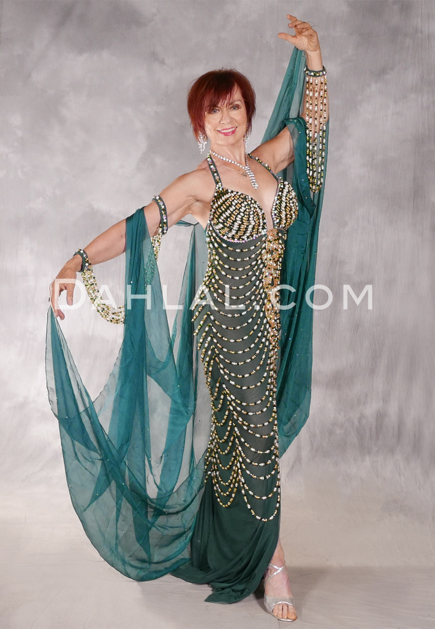 JEWEL OF THE NILE II Egyptian Dress - Forest Green, Gold and White, Bra  Size #5 C/D - Dahlal Internationale