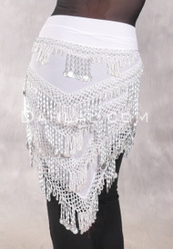 Multi-Row Beaded Fringe and Coin Hip Shawl - White and Silver