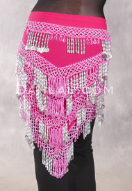 Multi-Row Beaded Fringe and Coin Hip Shawl - Fuchsia and Silver