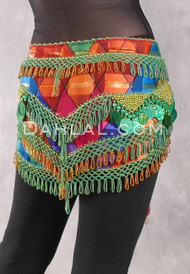 Cairo Multi-Row Beaded Pyramid Hip Scarf - Multi-color, Gold, Green and Copper