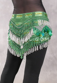 Cairo Multi-Row Beaded Pyramid Hip Scarf - Green, Silver and Gold