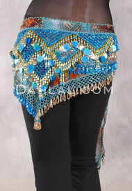 Egyptian Deep V Beaded Hip Wrap with Teardrop Beads, Coins and Paillettes - Graphic Print with Gold and Turquoise