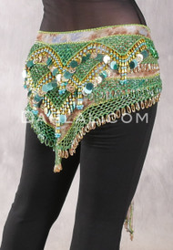 Egyptian Deep V Beaded Hip Wrap with Teardrop Beads, Coins and Paillettes - Graphic Print with Gold, Green and Aqua