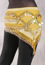 Egyptian Deep V Beaded Hip Wrap with Teardrop Beads, Coins and Paillettes - Yellow and Gold