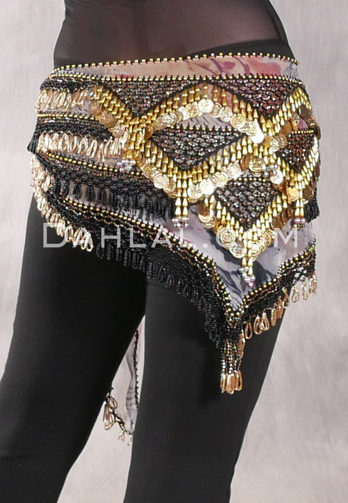 Egyptian Deep V Beaded Hip Wrap with Teardrop Beads, Coins and Paillettes - Animal Print, Black and Gold