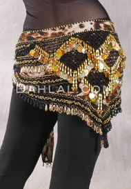 Egyptian Deep V Beaded Hip Wrap with Teardrop Beads, Coins and Paillettes - Animal Print, Black and Gold II