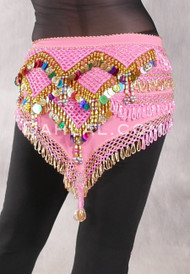 Egyptian Deep V Beaded Hip Wrap with Teardrop Beads, Coins and Paillettes - Pink, Gold and Multi-color